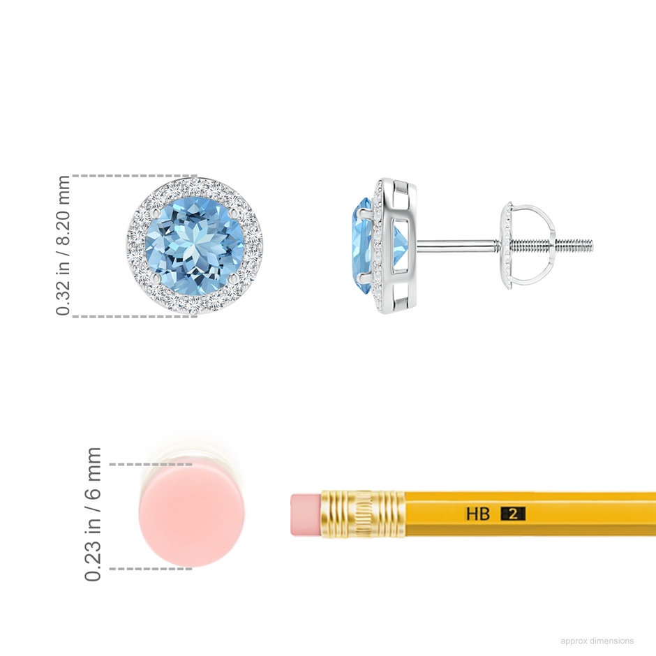 5mm AAAA Vintage-Inspired Round Aquamarine Halo Stud Earrings in White Gold ruler