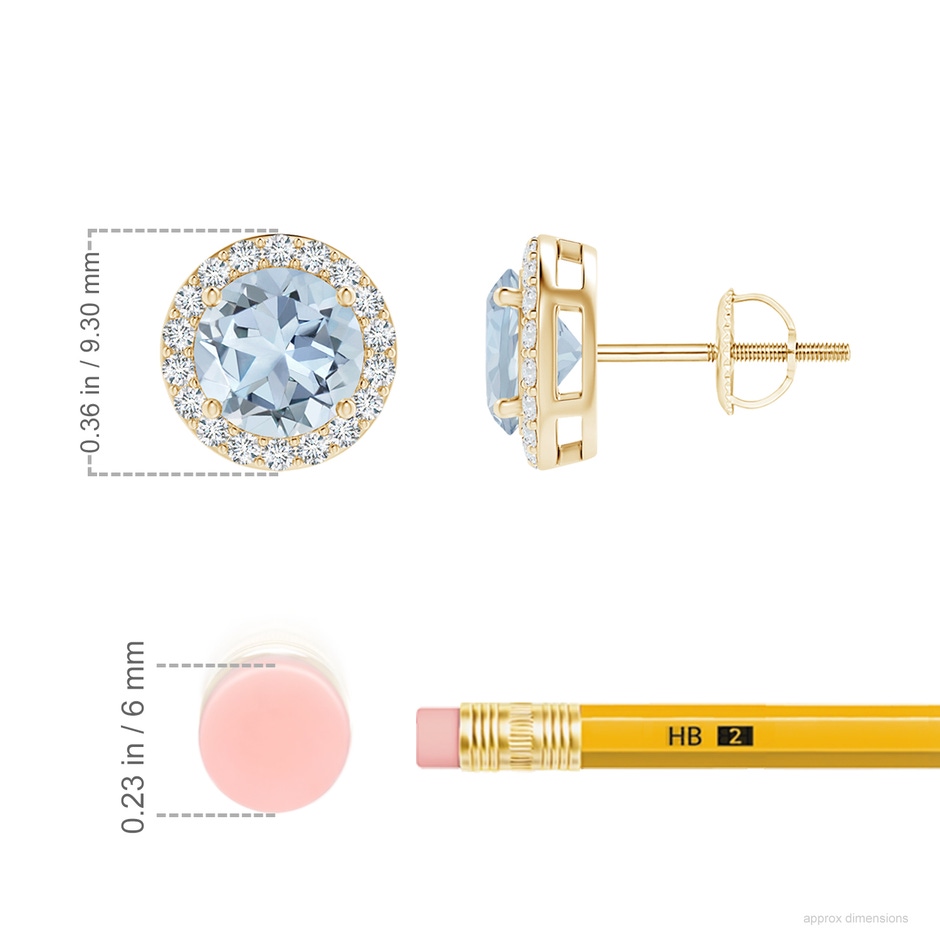 6mm A Vintage-Inspired Round Aquamarine Halo Stud Earrings in Yellow Gold ruler