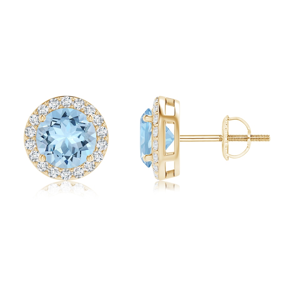 6mm AAA Vintage-Inspired Round Aquamarine Halo Stud Earrings in 18K Yellow Gold 
