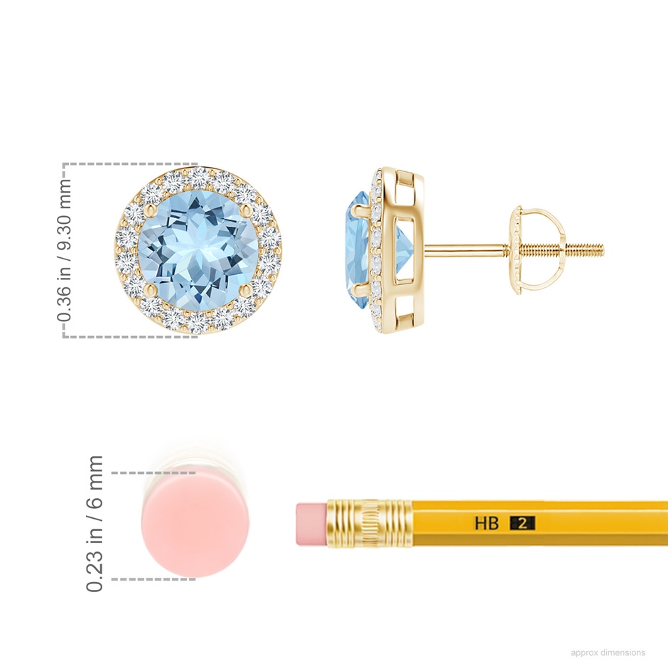 6mm AAA Vintage-Inspired Round Aquamarine Halo Stud Earrings in 18K Yellow Gold ruler