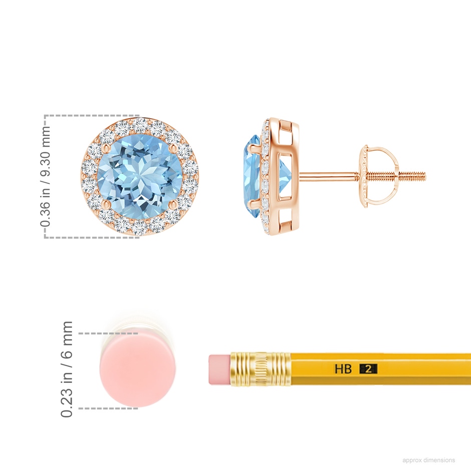 6mm AAAA Vintage-Inspired Round Aquamarine Halo Stud Earrings in Rose Gold ruler