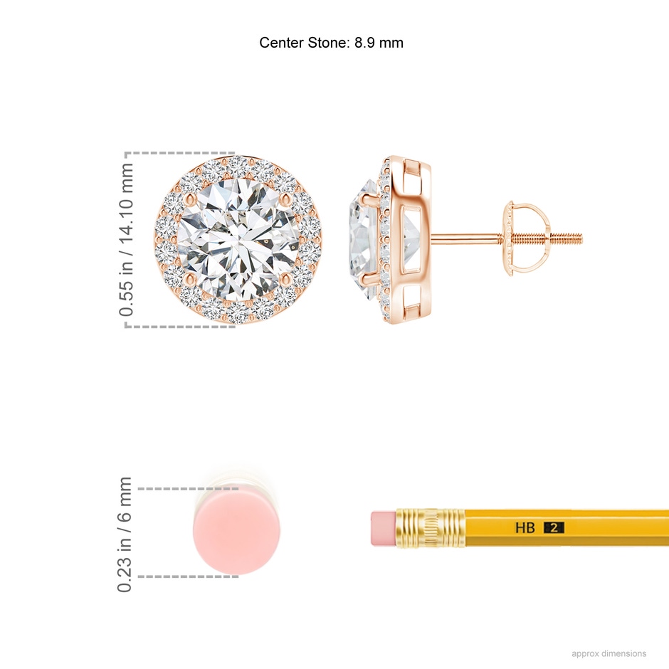 8.9mm HSI2 Vintage-Inspired Round Diamond Halo Stud Earrings in Rose Gold ruler
