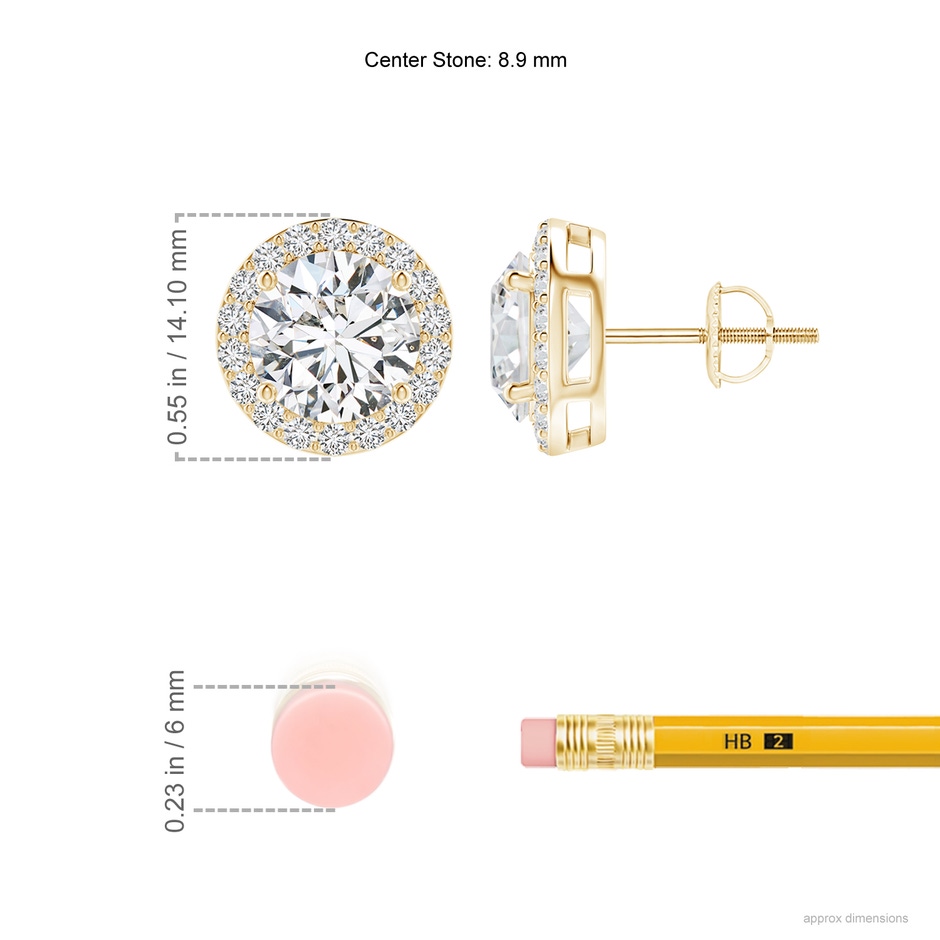 8.9mm HSI2 Vintage-Inspired Round Diamond Halo Stud Earrings in Yellow Gold ruler