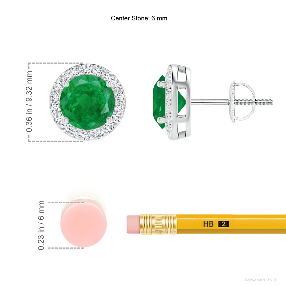6mm AA Vintage-Inspired Round Emerald Halo Stud Earrings in White Gold ruler
