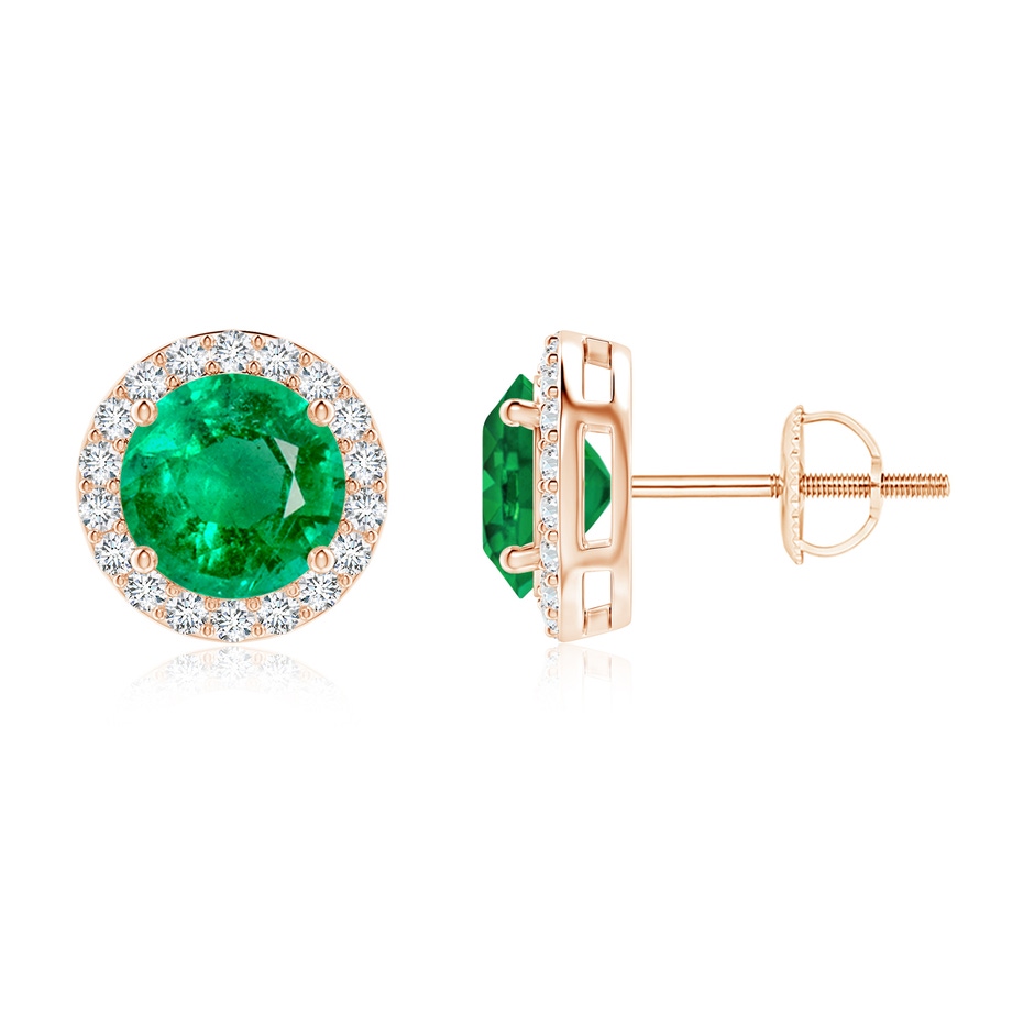 7mm AAA Vintage-Inspired Round Emerald Halo Stud Earrings in Rose Gold 