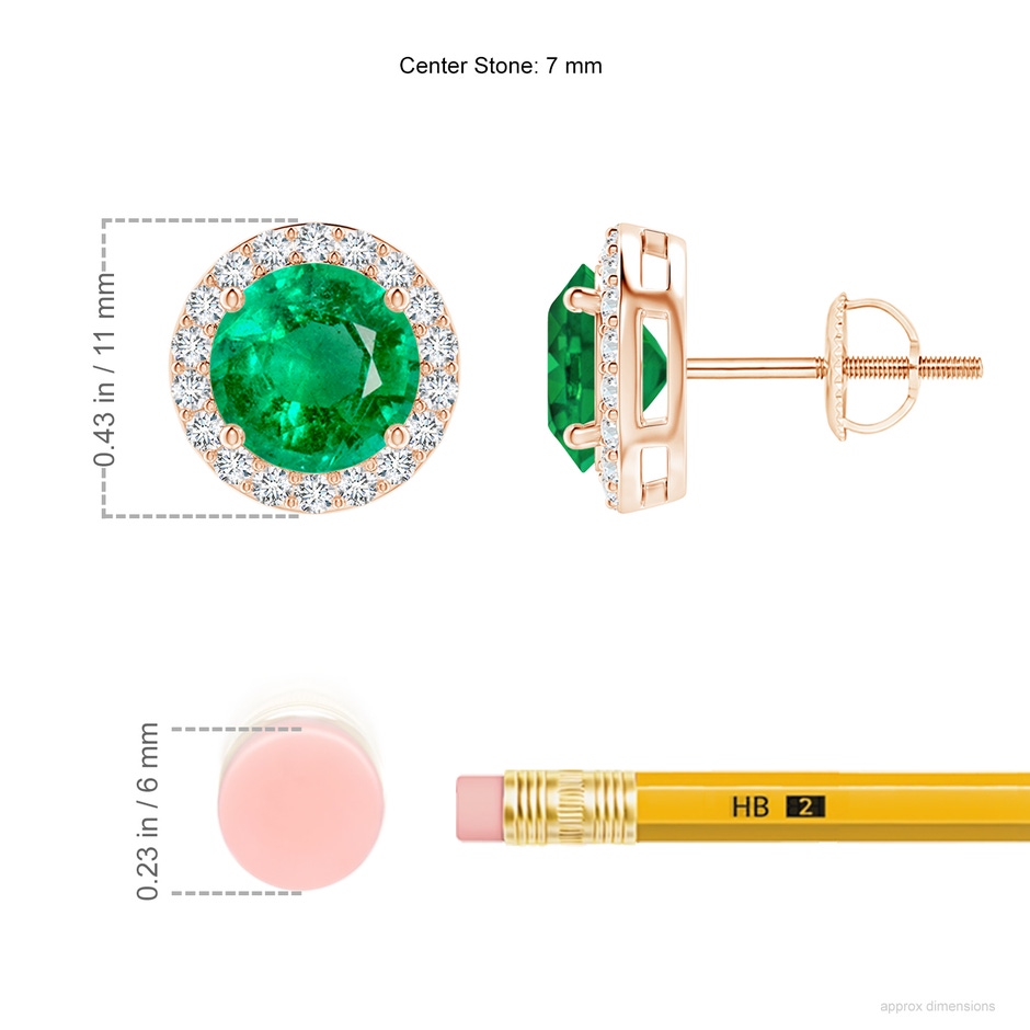 7mm AAA Vintage-Inspired Round Emerald Halo Stud Earrings in Rose Gold ruler
