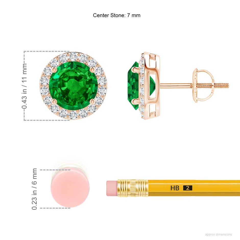 7mm AAAA Vintage-Inspired Round Emerald Halo Stud Earrings in Rose Gold ruler