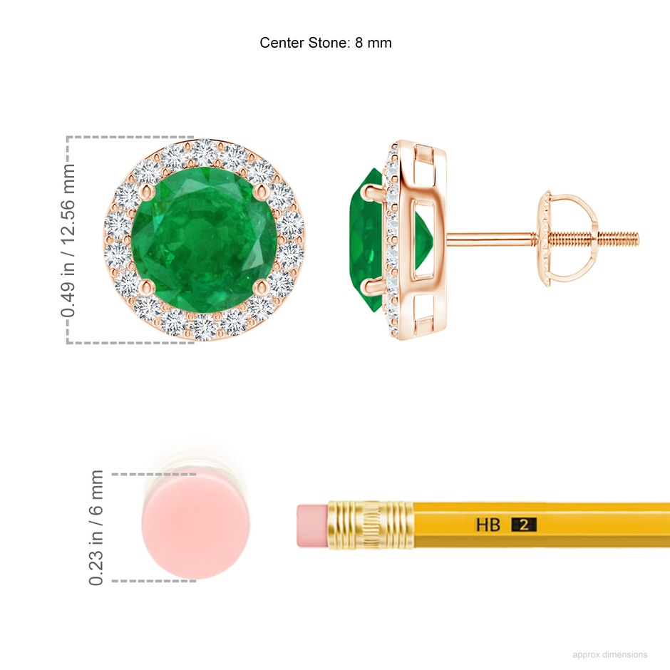 8mm AA Vintage-Inspired Round Emerald Halo Stud Earrings in 18K Rose Gold ruler