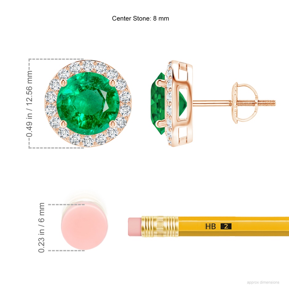 8mm AAA Vintage-Inspired Round Emerald Halo Stud Earrings in Rose Gold ruler