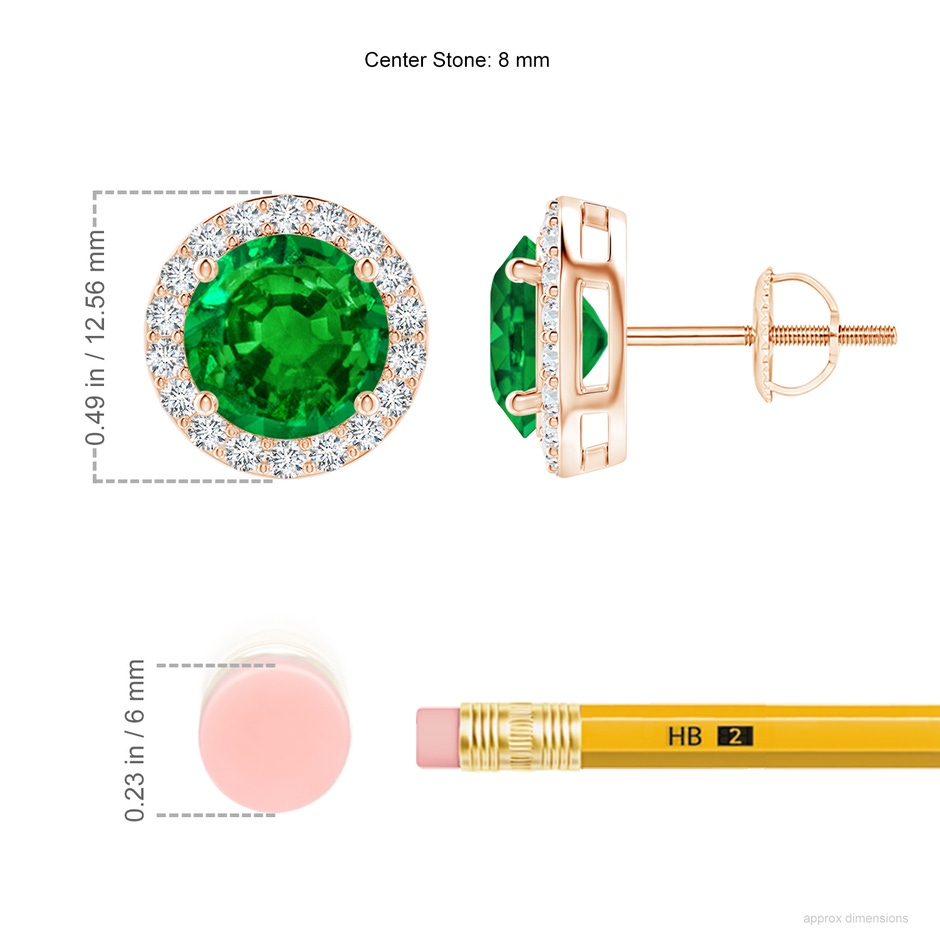 8mm AAAA Vintage-Inspired Round Emerald Halo Stud Earrings in Rose Gold ruler