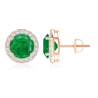 9mm AA Vintage-Inspired Round Emerald Halo Stud Earrings in 9K Rose Gold