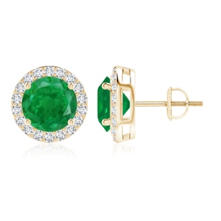 9mm AA Vintage-Inspired Round Emerald Halo Stud Earrings in 9K Yellow Gold
