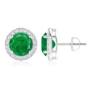 9mm AA Vintage-Inspired Round Emerald Halo Stud Earrings in White Gold