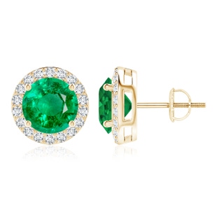 9mm AAA Vintage-Inspired Round Emerald Halo Stud Earrings in 9K Yellow Gold