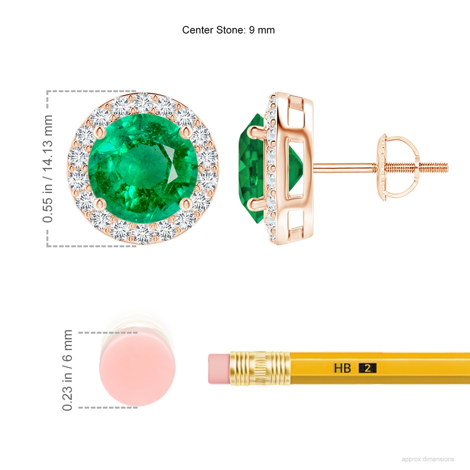 9mm AAA Vintage-Inspired Round Emerald Halo Stud Earrings in Rose Gold ruler