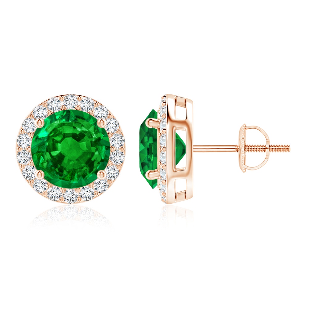 9mm AAAA Vintage-Inspired Round Emerald Halo Stud Earrings in 9K Rose Gold
