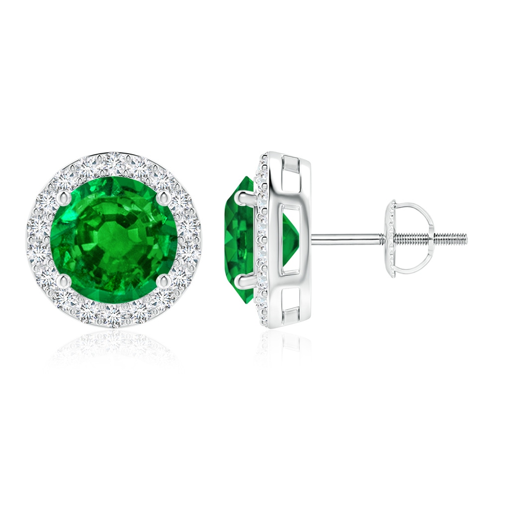 9mm AAAA Vintage-Inspired Round Emerald Halo Stud Earrings in 9K White Gold