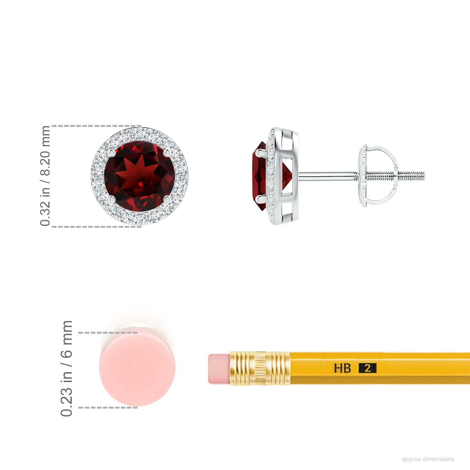 5mm AAA Vintage-Inspired Round Garnet Halo Stud Earrings in White Gold - ruler