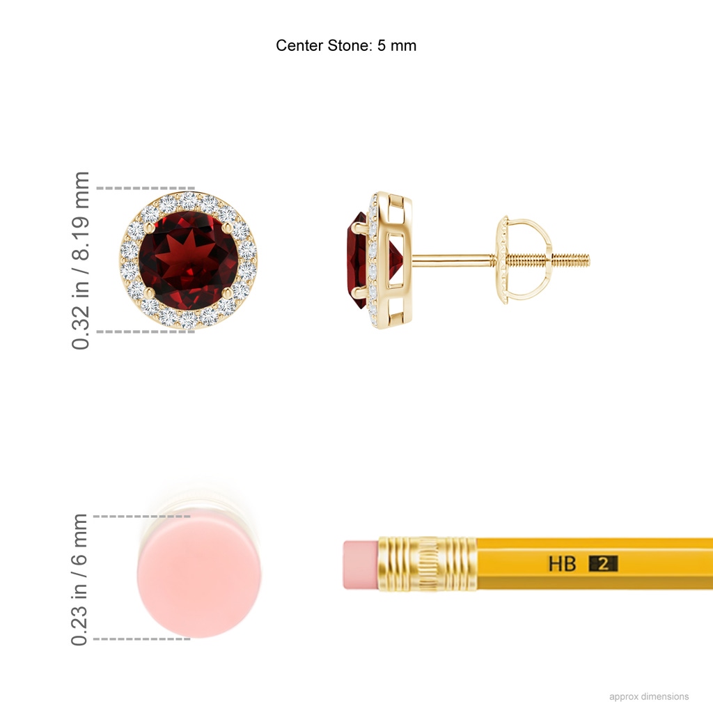5mm AAA Vintage-Inspired Round Garnet Halo Stud Earrings in Yellow Gold Ruler