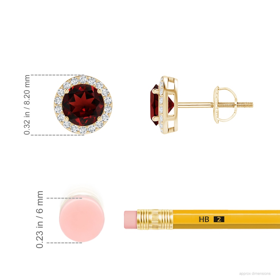 5mm AAA Vintage-Inspired Round Garnet Halo Stud Earrings in Yellow Gold ruler