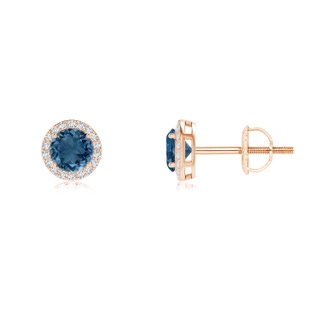 4mm AA Vintage-Inspired Round London Blue Topaz Halo Stud Earrings in Rose Gold