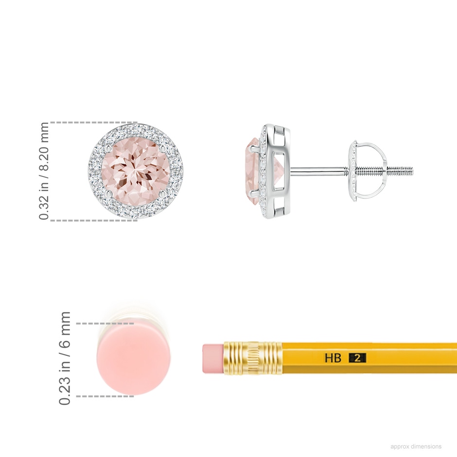5mm AA Vintage-Inspired Round Morganite Halo Stud Earrings in 18K White Gold ruler