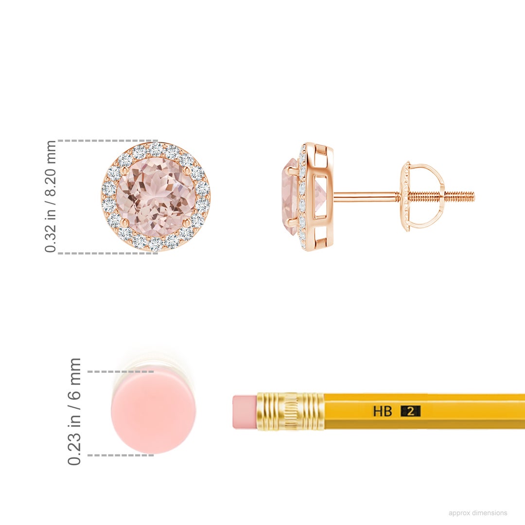 5mm AAA Vintage-Inspired Round Morganite Halo Stud Earrings in Rose Gold - ruler