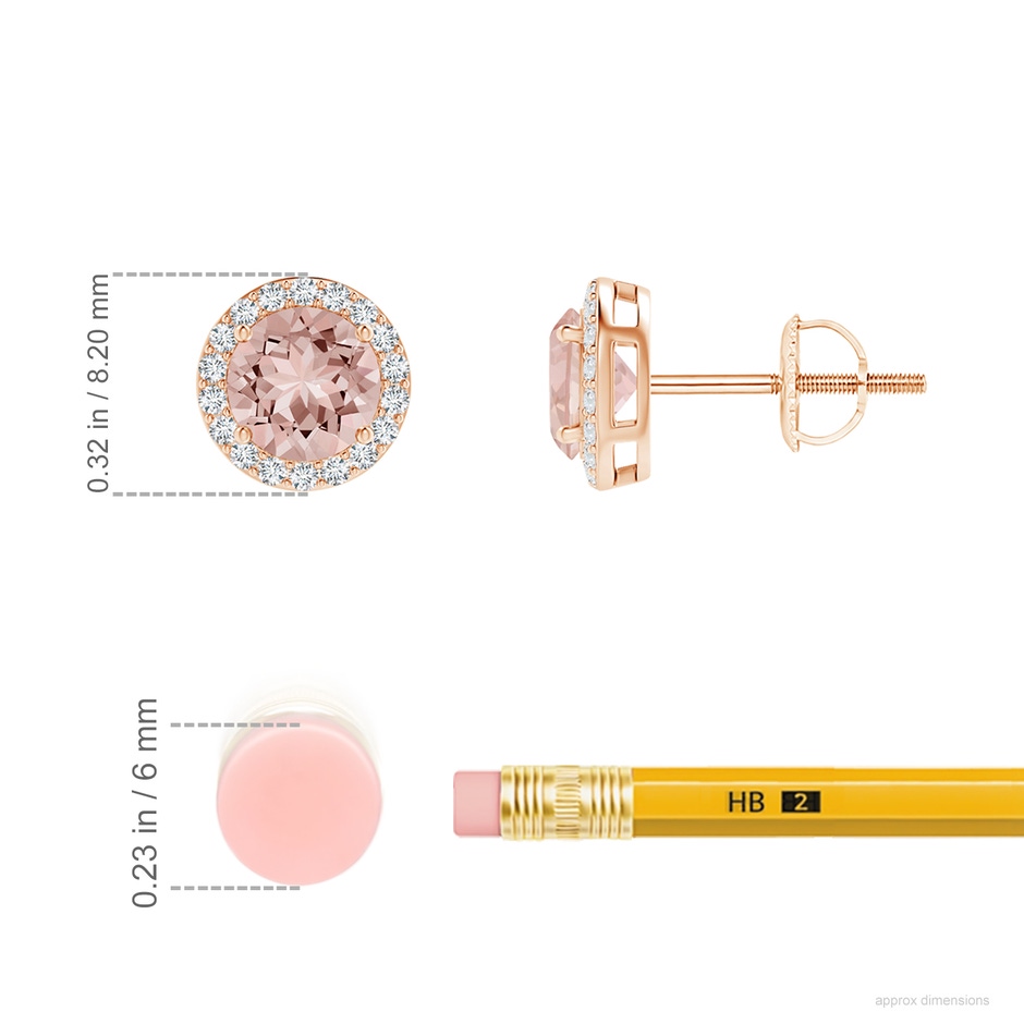 5mm AAAA Vintage-Inspired Round Morganite Halo Stud Earrings in Rose Gold ruler