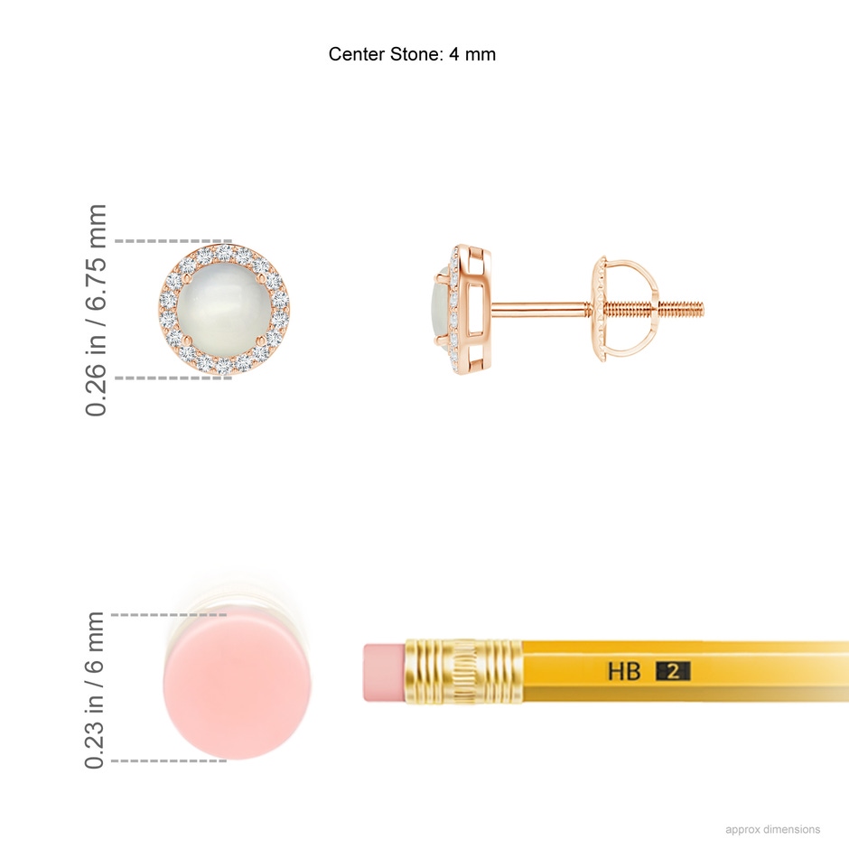 4mm AAA Vintage-Inspired Round Moonstone Halo Stud Earrings in Rose Gold ruler
