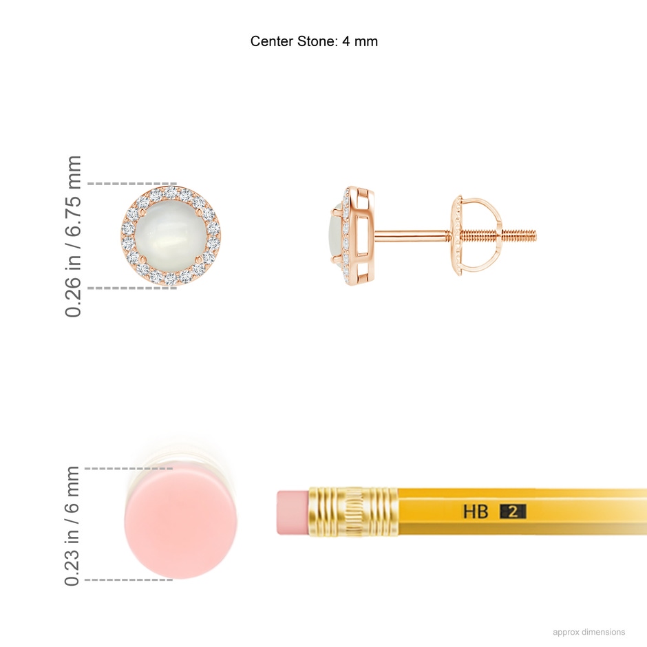 4mm AAAA Vintage-Inspired Round Moonstone Halo Stud Earrings in Rose Gold ruler