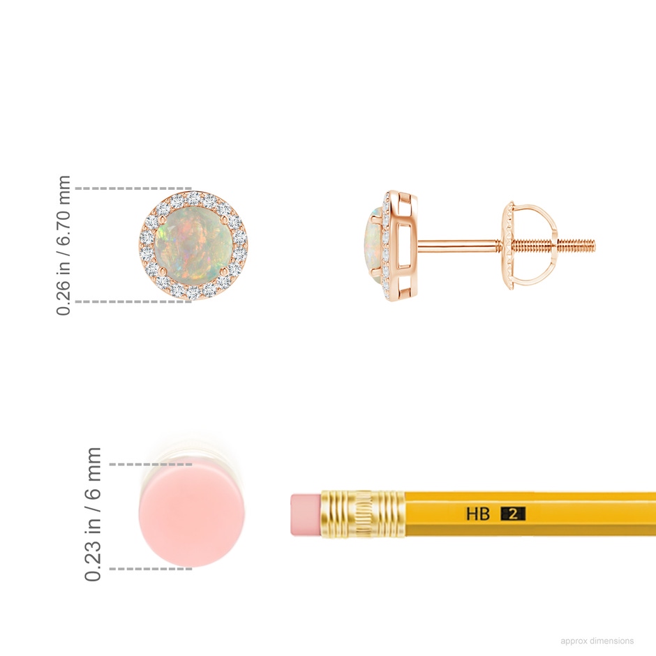 4mm AAAA Vintage-Inspired Round Opal Halo Stud Earrings in Rose Gold ruler