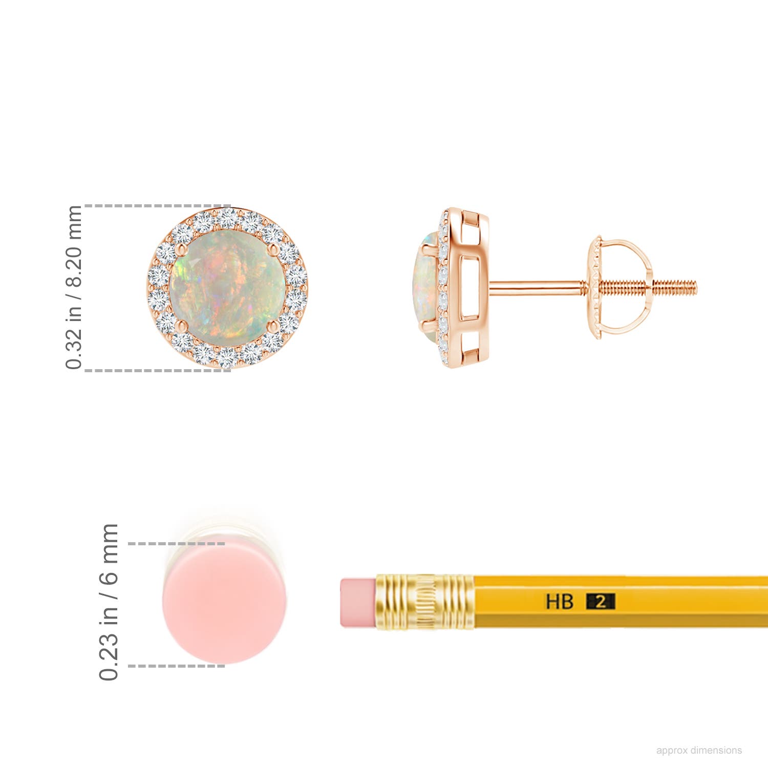 5mm AAAA Vintage-Inspired Round Opal Halo Stud Earrings in Rose Gold - ruler