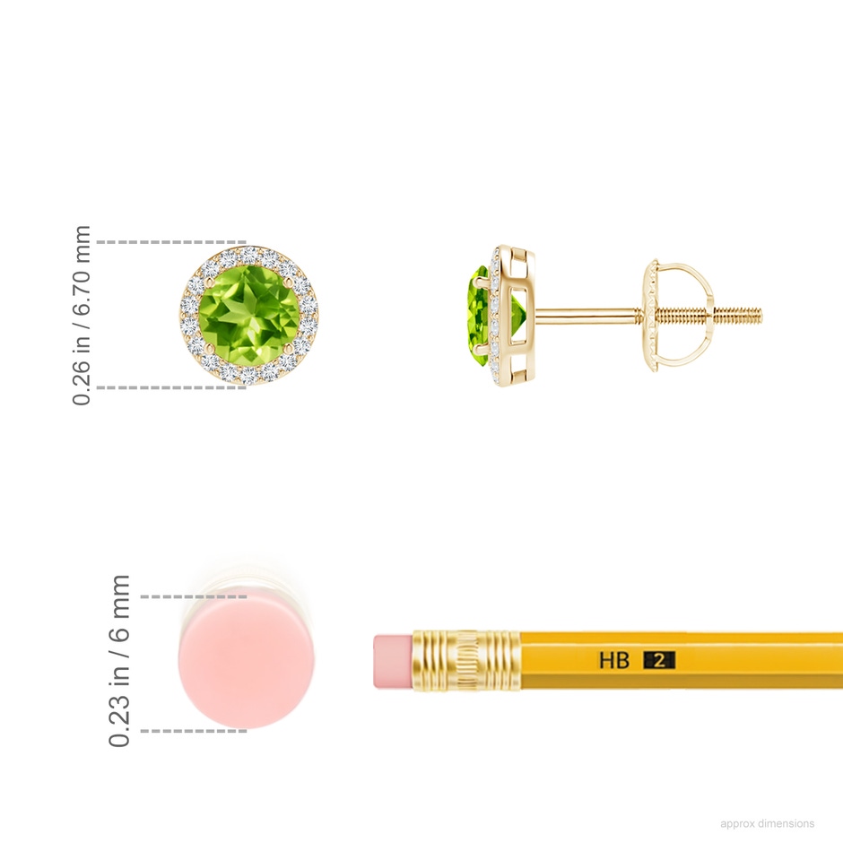4mm AAA Vintage-Inspired Round Peridot Halo Stud Earrings in 18K Yellow Gold ruler