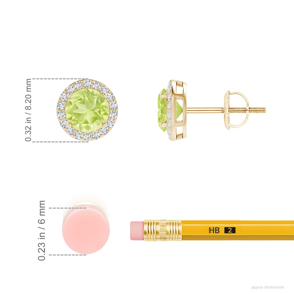5mm A Vintage-Inspired Round Peridot Halo Stud Earrings in 10K Yellow Gold ruler