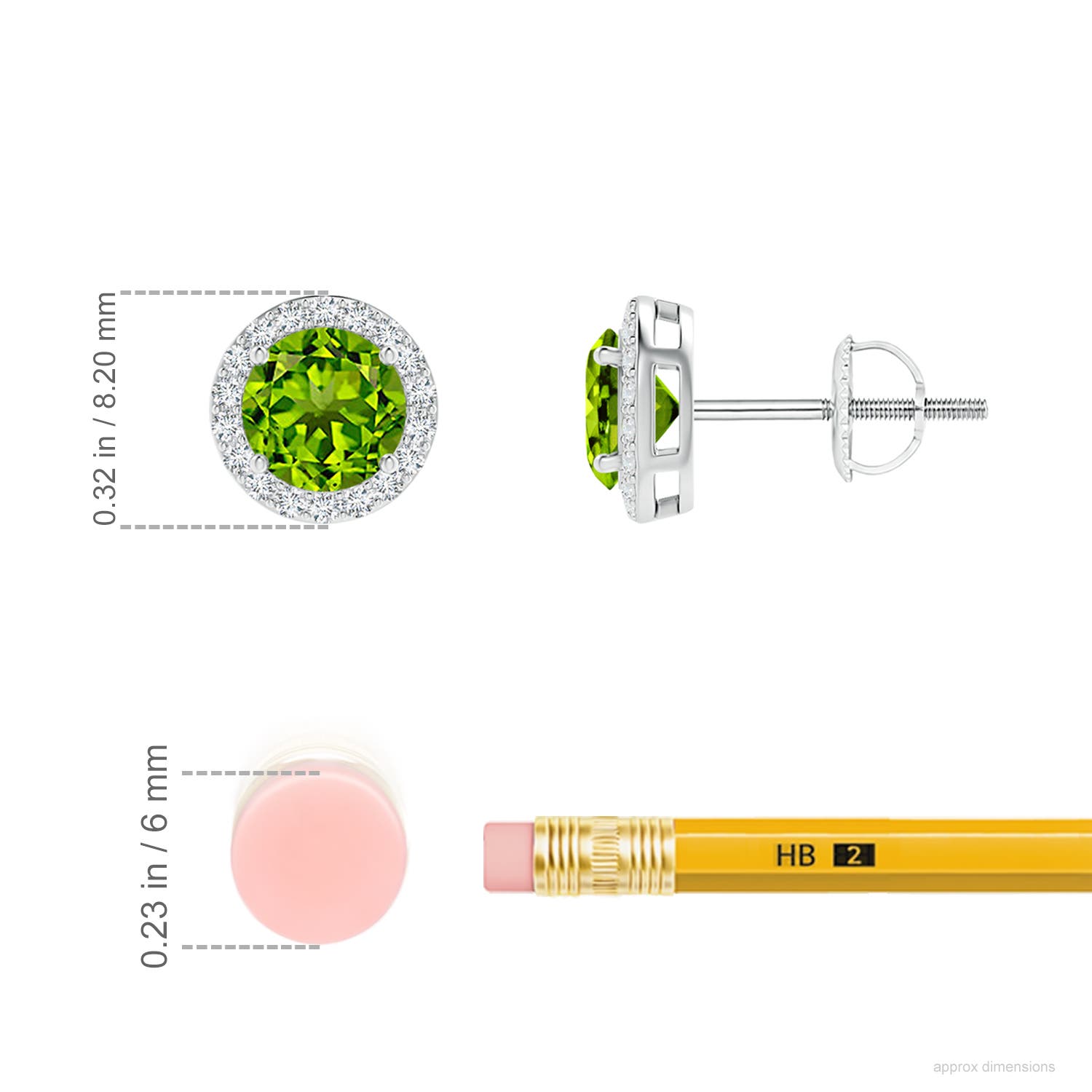 5mm AAAA Vintage-Inspired Round Peridot Halo Stud Earrings in White Gold - ruler