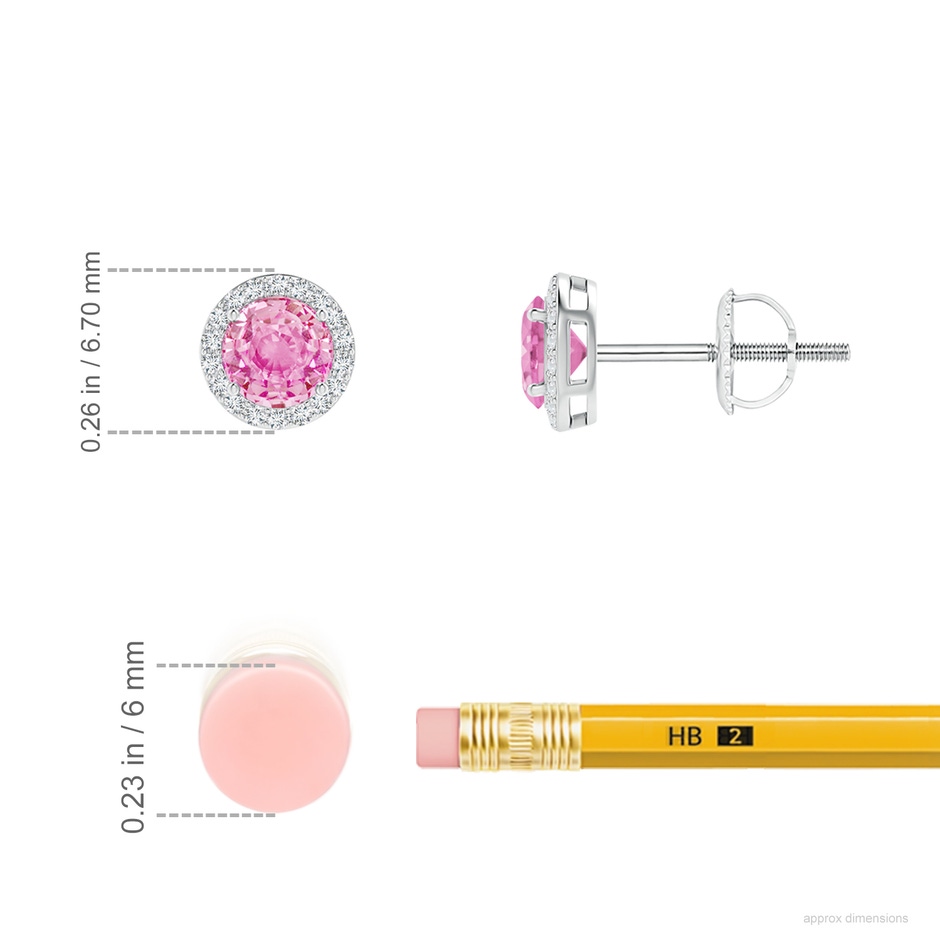 4mm A Vintage-Inspired Round Pink Sapphire Halo Stud Earrings in White Gold ruler