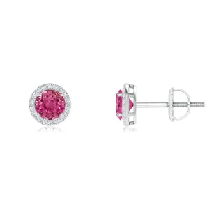 4mm AAAA Vintage-Inspired Round Pink Sapphire Halo Stud Earrings in White Gold