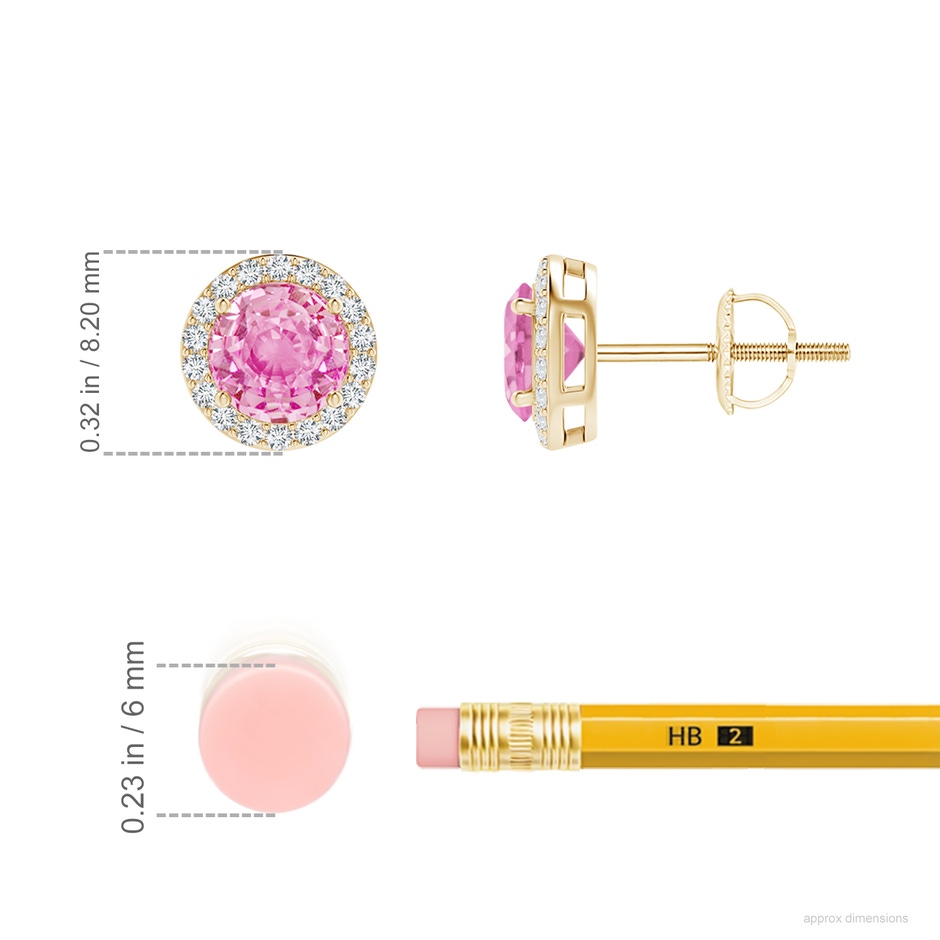 5mm A Vintage-Inspired Round Pink Sapphire Halo Stud Earrings in Yellow Gold ruler