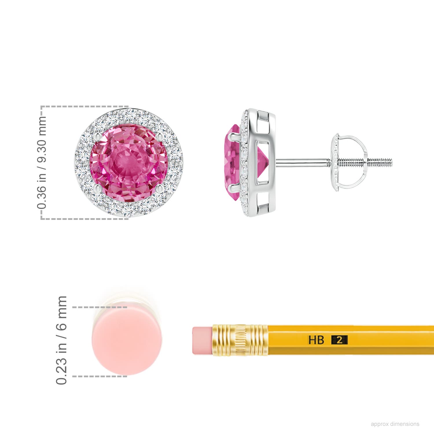 6mm AAA Vintage-Inspired Round Pink Sapphire Halo Stud Earrings in White Gold - ruler