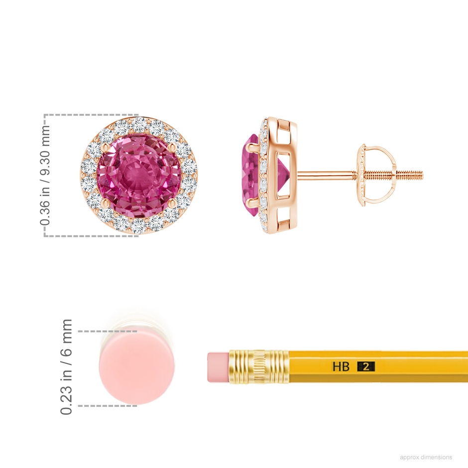 6mm AAAA Vintage-Inspired Round Pink Sapphire Halo Stud Earrings in Rose Gold ruler