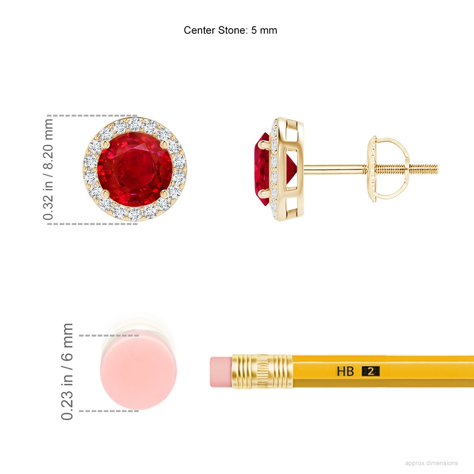 5mm AAA Vintage-Inspired Round Ruby Halo Stud Earrings in Yellow Gold ruler