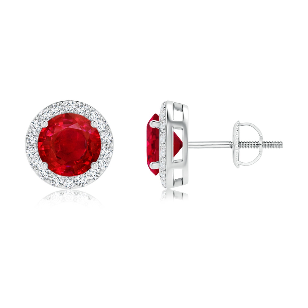 6mm AAA Vintage-Inspired Round Ruby Halo Stud Earrings in White Gold