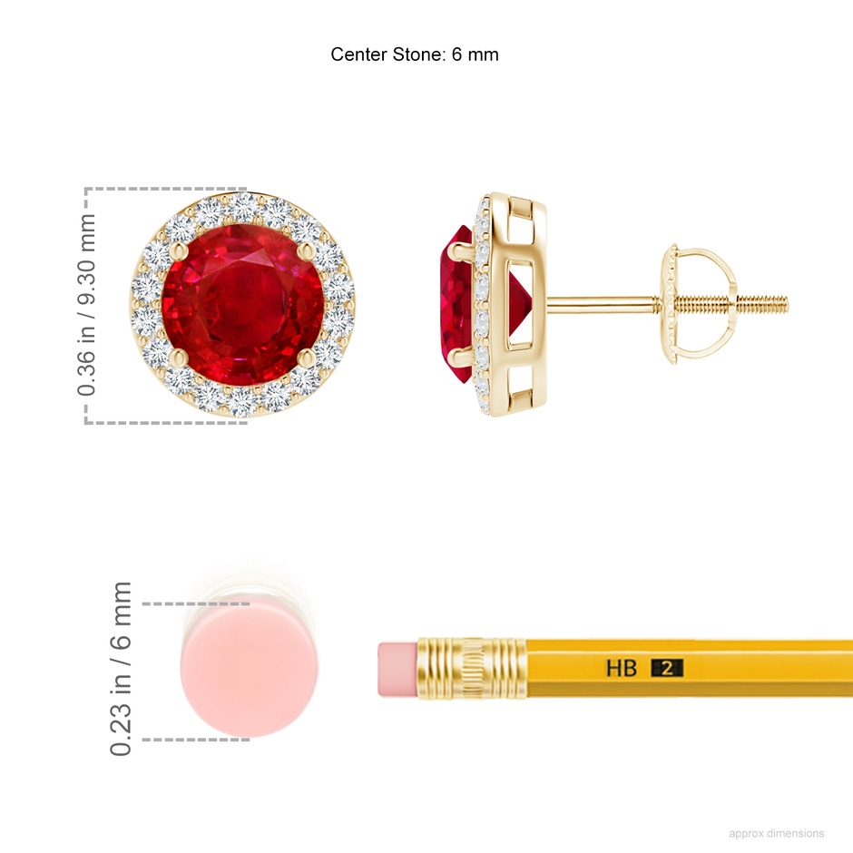 6mm AAA Vintage-Inspired Round Ruby Halo Stud Earrings in Yellow Gold ruler