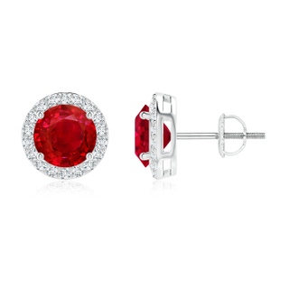 7mm AAA Vintage-Inspired Round Ruby Halo Stud Earrings in 9K White Gold