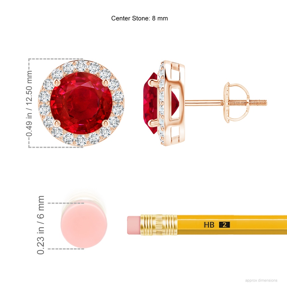 8mm AAA Vintage-Inspired Round Ruby Halo Stud Earrings in Rose Gold ruler
