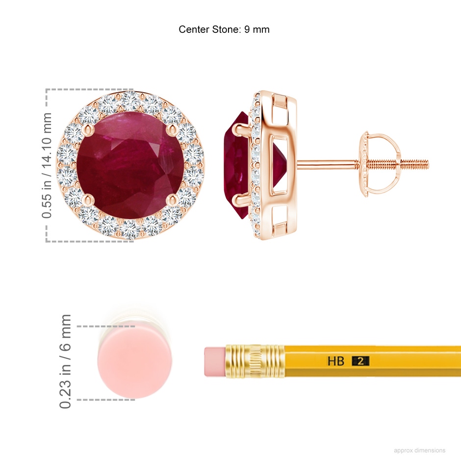9mm A Vintage-Inspired Round Ruby Halo Stud Earrings in 18K Rose Gold ruler