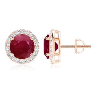 9mm A Vintage-Inspired Round Ruby Halo Stud Earrings in Rose Gold