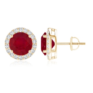 9mm AA Vintage-Inspired Round Ruby Halo Stud Earrings in 10K Yellow Gold