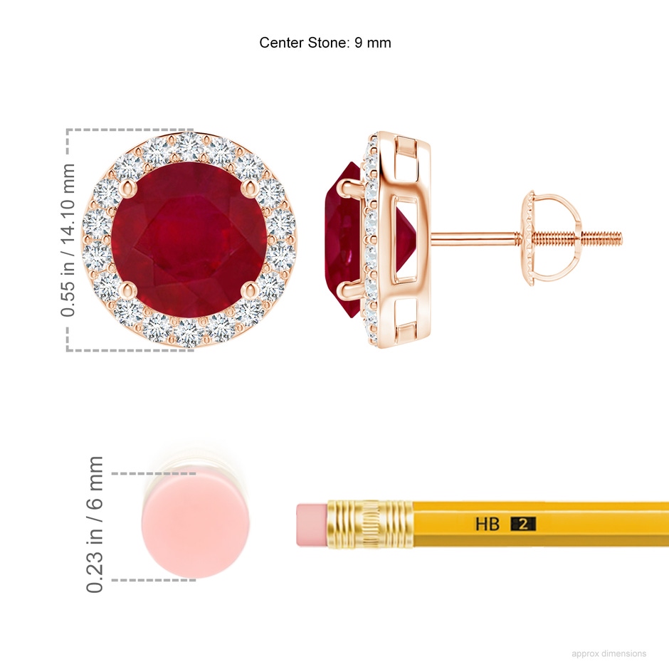 9mm AA Vintage-Inspired Round Ruby Halo Stud Earrings in Rose Gold ruler