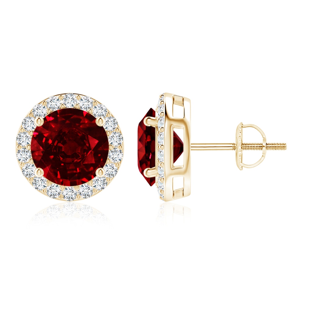 9mm AAAA Vintage-Inspired Round Ruby Halo Stud Earrings in Yellow Gold